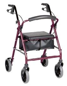 edges Fold down backrest for storage Improved finish for long-wearing Complete with a bag and basket Australian Safety Standards approved 8156 Ellipse 6 Rollator Standard Hand Brake Red Max Overall