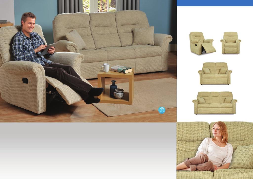 A contemporary design The Portland collection features a Standard sized recliner in all 5 actions and matching fixed or reclining settees, with a matching fixed chair.