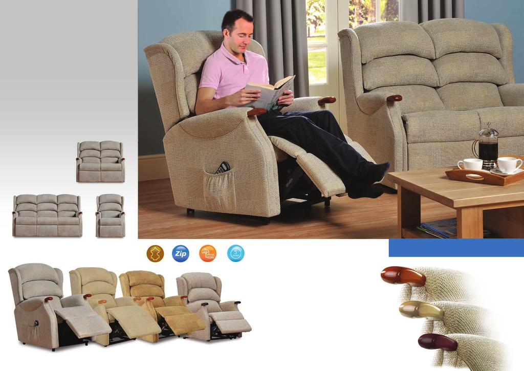 Designed for extra comfort with triple pillow back cushions and a choice of real wood grab handles, the Westbury is a traditional, yet comfortable recliner.