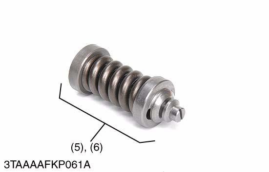 TRANSAXLE Check and High Pressure Relief Valve 1. After removing the plug (1), draw out the spring (3) and the check and high pressure relief valve assembly (5) (6). 2.