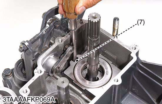 (When reassembling) Apply clean transmission oil the crandle bearing and the trunnion arm. Hold the slot guide with a minus screw driver.