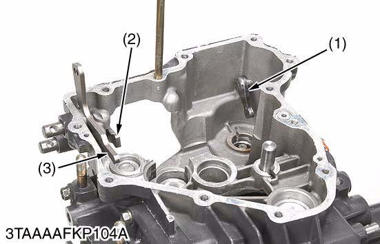 Install the range shift arm (2) and the front wheel drive shaft arm (3). 3.