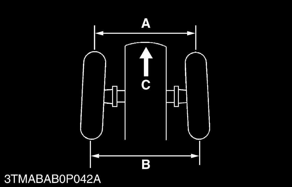 FRONT AXLE 4. CHECKING, DISASSEMBLING AND SERVICING [1] CHECKING AND ADJUSTING Toe-in 1. Inflate the tires the specified pressure. 2. Turn the front wheels straight ahead. 3. Measure the e-in (B - A).