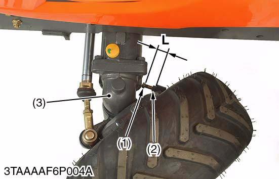 FRONT AXLE Front Wheel Steering Angle 1. Inflate the tires the specified pressure. 2. Loosen the lock nut and shorten the length of spper bolt LH (1). 3. Steer the wheels the extreme left. 4.