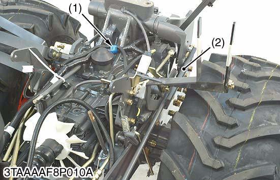 HYDRAULIC SYSTEM Fuel Tank 1. Drain the fuel, and remove the seat mat (2). 2. Disconnect the lead wire from fuel level sensor and fuel hoses from the fuel tank (1). 3.