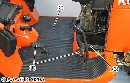 Remove the speed control pedals (1) and step (2).