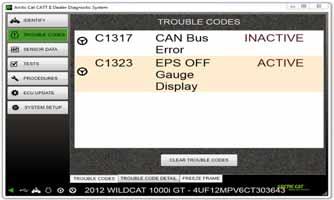 CATTII-079 TROUBLE CODES Screen When the TROUBLE CODES screen is opened, the default tab opened is TROUBLE CODES.