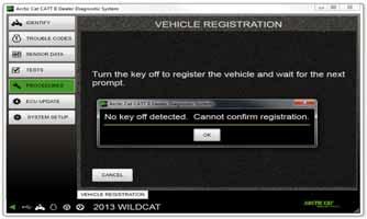 CATTII-034 If the key is not turned off shortly, the following screen will appear. Click the OK button to return to the vehicle registration page.