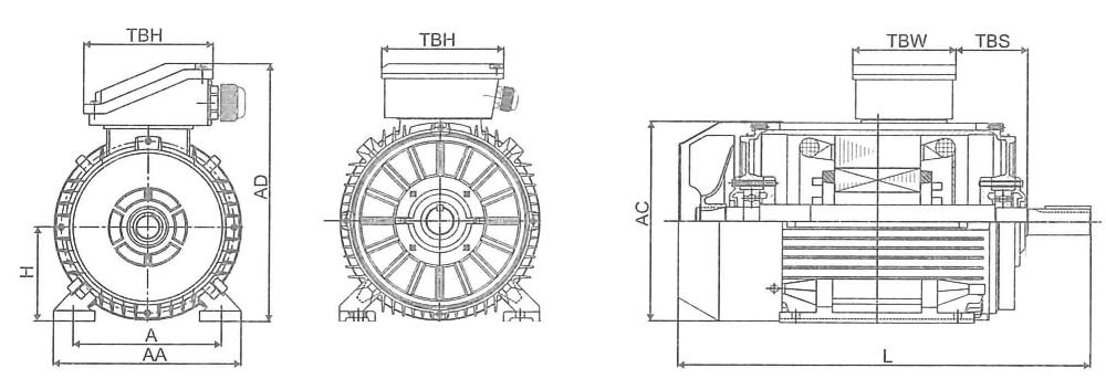 Basic dimensions T1C/T2C/T2A/T3C Aluminum Cast iron Basic dimensions Size/frame AC L Gland TBS TBW TBH 80 Ø158 280 1-M20x1.5 16 97 97 90S/L Ø176 325/350 1-M20x1.5 16 97 97 100 Ø199 388 1-M20x1.