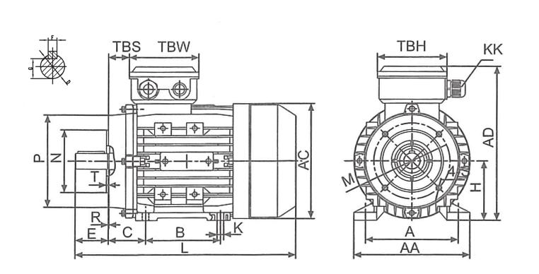 Basic dimensions T1C/T2C/T2A/T3C Basic dimensions B14 flange version Basic dimensions B34 foot/flange version (For B34 see data footmounted motor B3 page 19) F G D AC HD 4-S B+/-0.