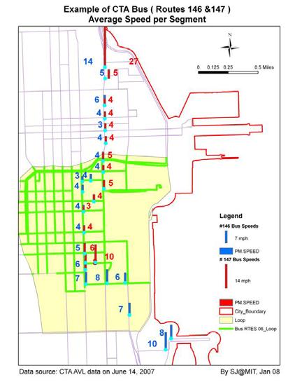 hour (in the year 2007) was four to five mph in downtown Chicago (Figure 2). The differences of level-of-service between bus and auto become more pronounced.
