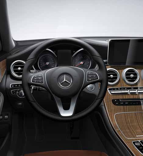 GLC EXCLUSIVE interior equipment 7 3-spoke multifunction steering wheel in black or espresso brown leather Air vents: outer adapter tubes in Nürburg silver, nozzle surrounds and adjustment knobs in
