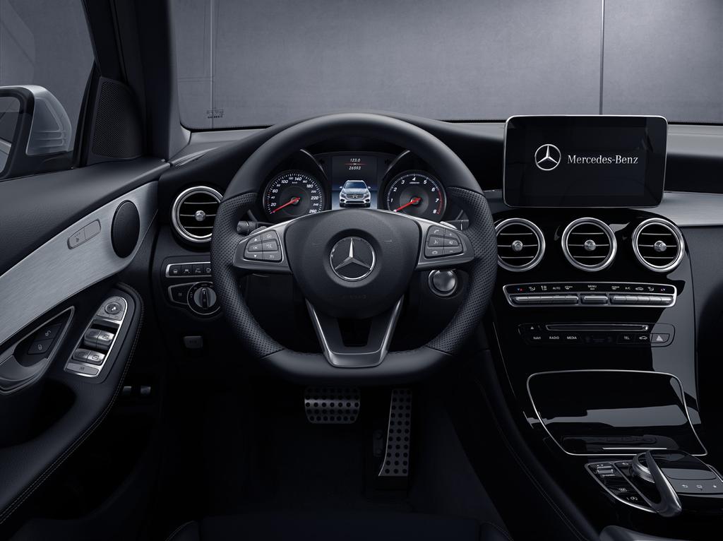 10 GLC AMG Line interior equipment from 1,040* 3-spoke multifunction sports steering wheel in black leather, with flattened bottom section Active Brake Assist AMG floor mats ARTICO man-made leather
