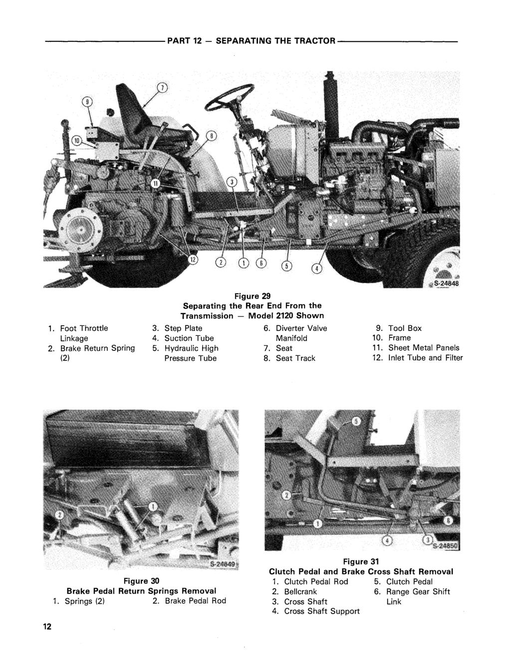 ----------PART 12 - SEPARATING THE TRACTOR---------- Figure 29 Separating the Rear End From the Transmission - Model 2120 Shown 1. Foot Throttle 3. Step Plate 6. Diverter Valve 9. Tool Box Linkage 4.