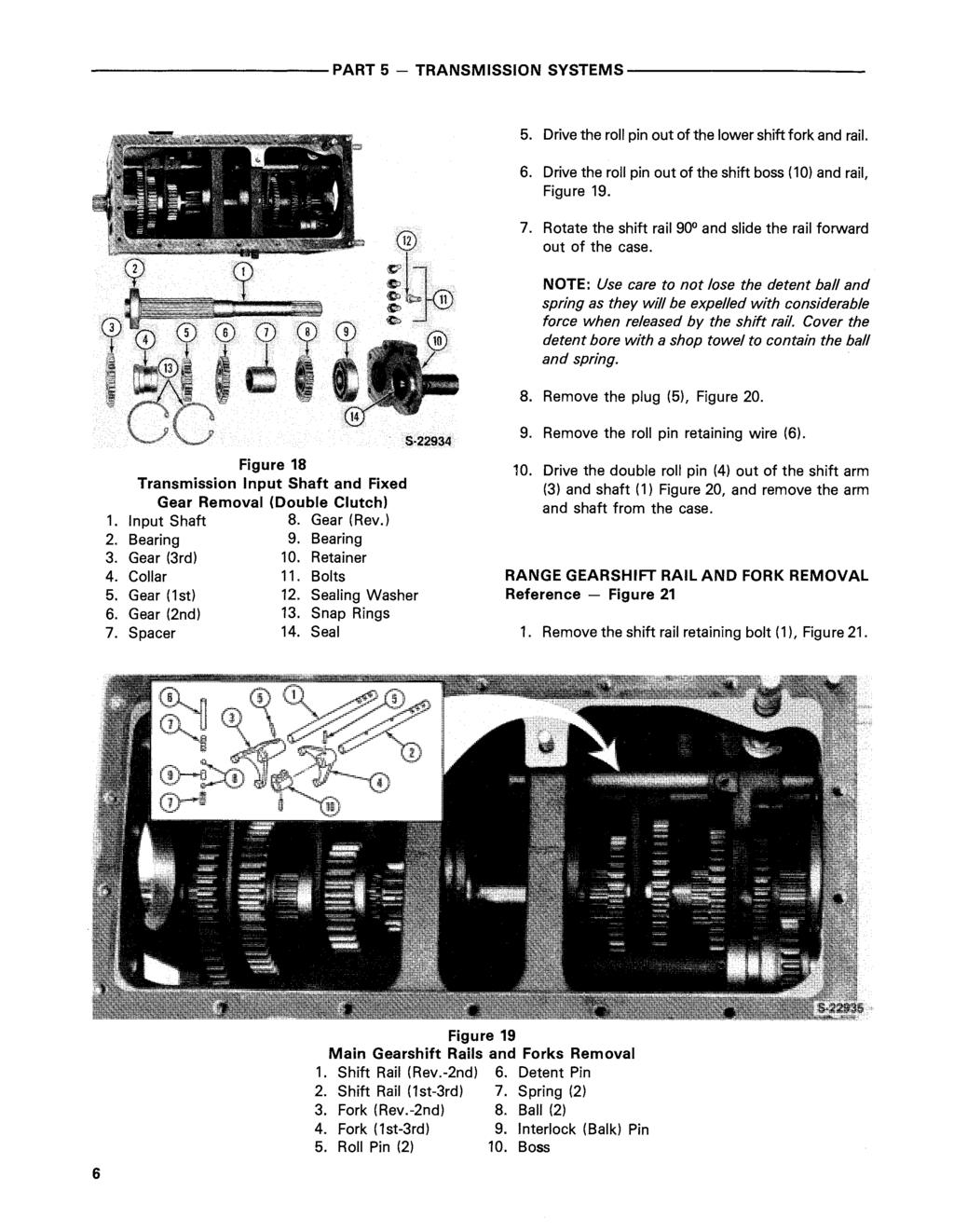 -----------PART 5 - TRANSMISSION SYSTEMS----------- 5. Drive the roll pin out of the lower shift fork and rail. 6. Drive the roll pin out of the shift boss (10) and rail, Figure 19. 7.
