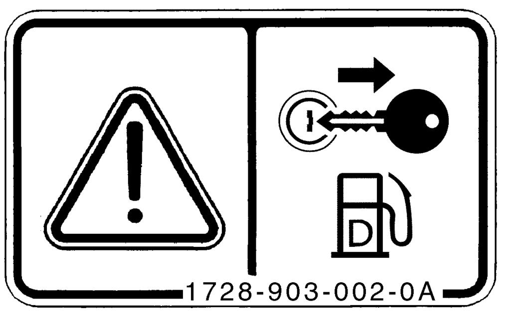 (13) Stop the engine when replenishing a fuel label (Code No.1728-903-002-0) WARNING: RISK OF INJURY Keep the ROPS in the upright position and fasten the seat belt at all times.