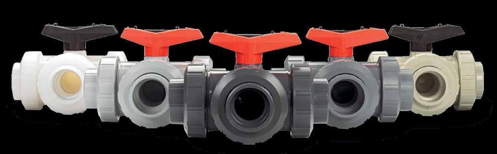 Three-way Ball Valve Type 543 General Size: ⅜ 2 Material: PVC, CPVC, PROGEF Standard PP, ABS, SYGEF Standard PVDF Seat: PTFE Seals: EPDM or FPM End Connection: Solvent cement socket, threaded,