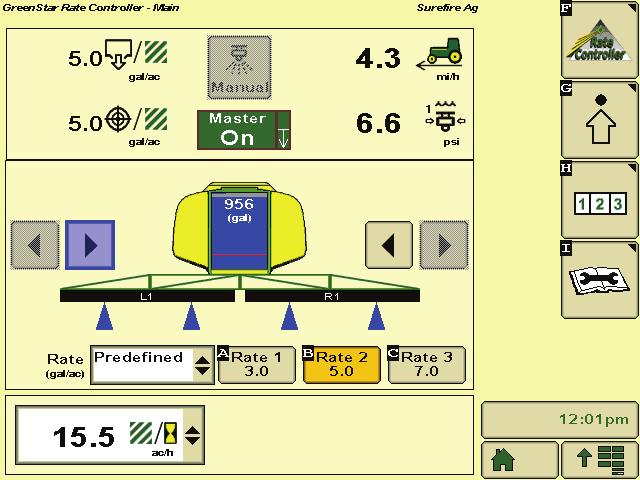 If this button is not present the rate controller is not communicating with the GS2/GS3 display. See your John Deere operators manual or your John Deere dealer for assistance.