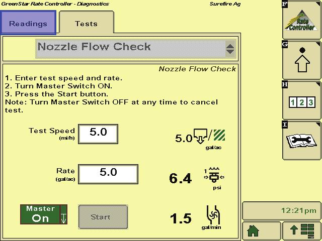 Initial Operation Instructions - Step 2 1. Go to the Nozzle Flow Check (Diagnostics, Tests, Nozzle Flow Check ).