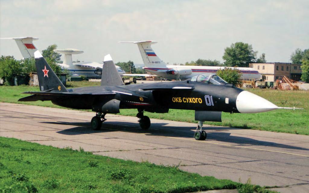 The first prototype Su-47 Berkut taxies out at Zhukovsky in 1999 for a flight test sortie Viktor Drushlyakov a success, the X-29 did not demonstrate the overall reduction in aerodynamic drag that