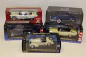 Boxed 1:18 Scale Models, Vintage private vehicles comprising, Signature Models, 1938 Mercedes Benz 770K, 1938 Cadillac V16 Fleetwood, 1936 Chrysler Airflow (2), and 1936 Pontiac Deluxe, G-E, Boxes