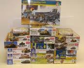 Tamiya Military Model Kits, A boxed collection of 1:35 scale German and Allied world war II military vehicles including armoured, cars, tanks, field guns and others, some with factory sealed