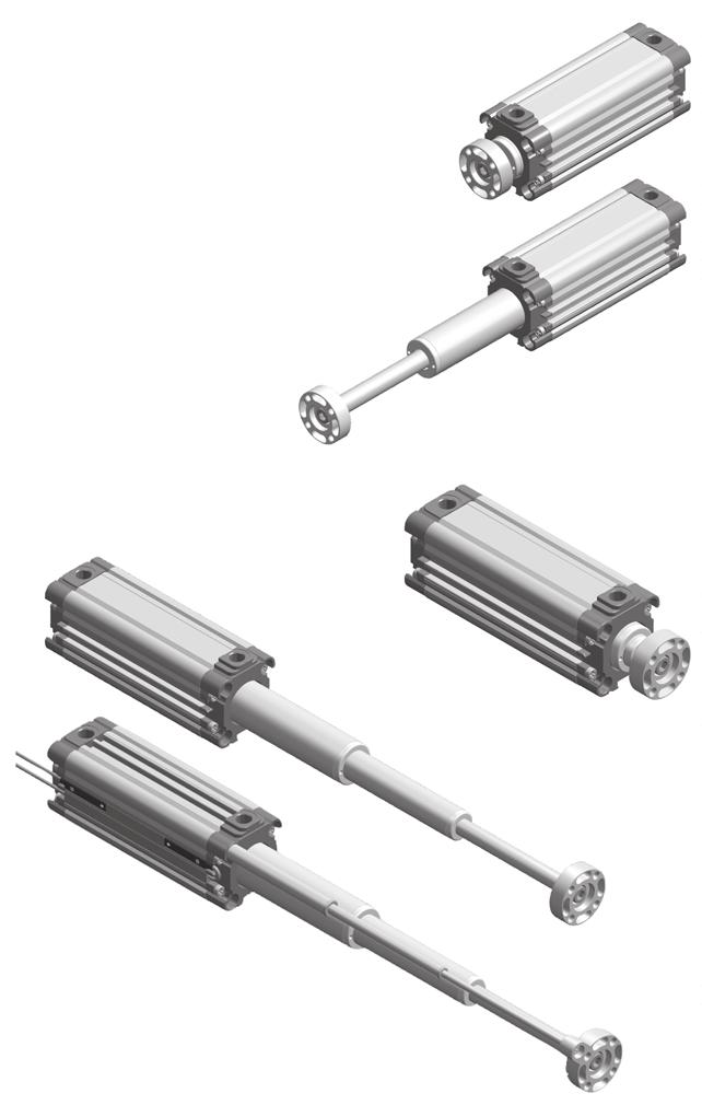 Telescopic pneumatic cylinders 25 mm 23 stages NEW 25 Standard supplied with: Non rotating piston rod Elastic bumpers Flange Magnetic version* *The sensor on the