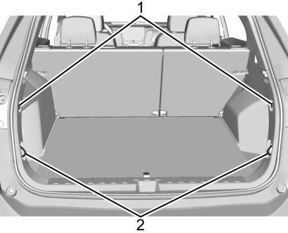 108 Storage Cargo Tie-Downs 1. Convenience Net Retainers 2. Cargo Tie-Downs The vehicle may be equipped with two cargo tie-downs and two convenience net retainers in the rear compartment.