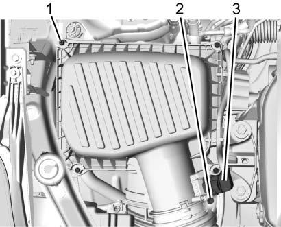 To inspect or replace the engine air cleaner/filter: 1.5L Gas Engine Shown, 1.6L Diesel Engine and 2.0L Gas Engine Similar 1. Screws 2. Air Duct Clamp 3. Electrical Connector 1. Open the hood.