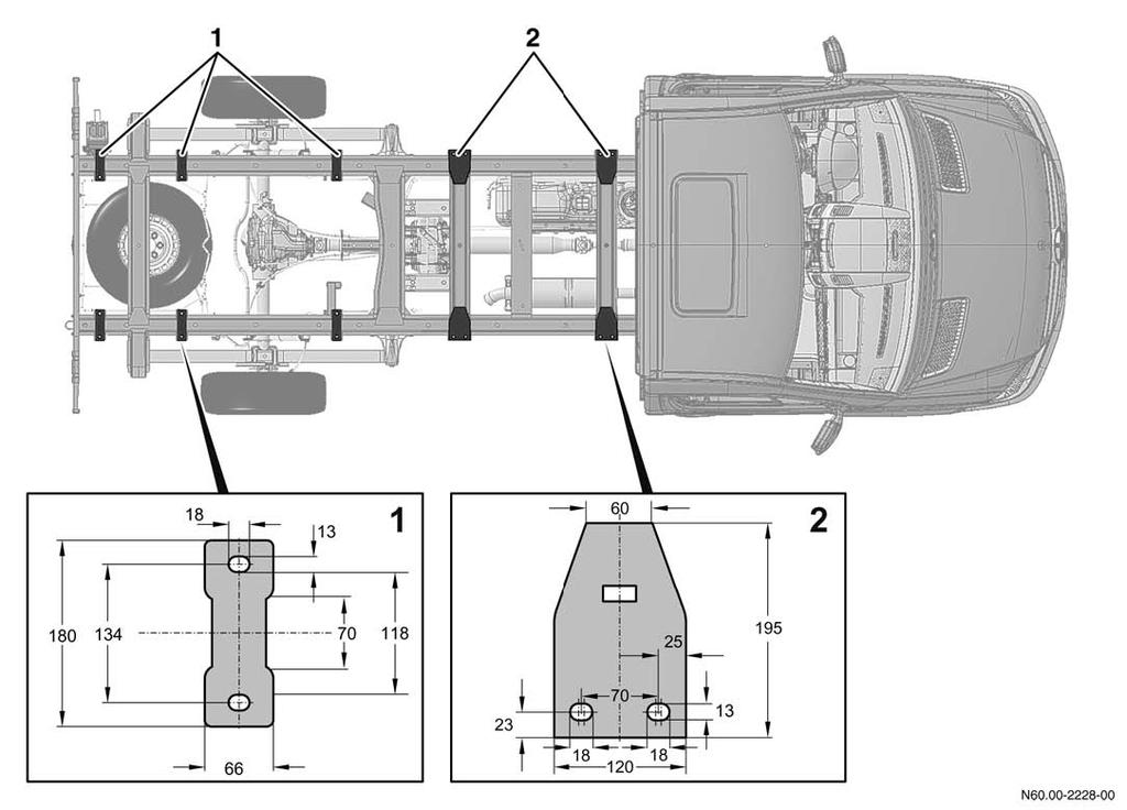 Design of bodies 8.1.4. Attachment to the frame All body support brackets fitted at the factory must be used for attaching bodies to the vehicle frame.