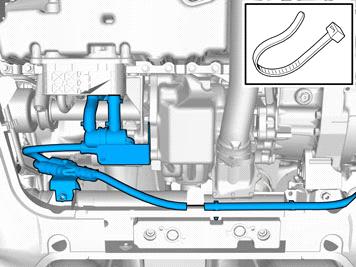 Clamp the cable in at the bracket as illustrated. Caution! R2900223 The cable must not be secured to the drive shaft, to the fuel lines, air conditioning (A/C) pipes or brake pipes.