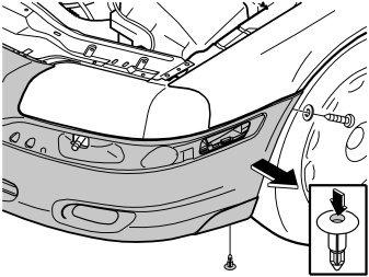- Remove the screw in the rear/top edge of the bumper cover. - Repeat the operation on the other side. - Carefully pull away the end face of the bumper cover from the body.