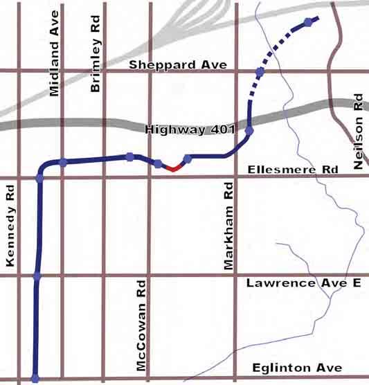 Existing Kennedy to McCowan 6.5 km (1.5 KM) Phase 1 Extension Phase 2 Extension McCowan to Sheppard Sheppard to Malvern Town Centre 3.4 km 1.5 km Malvern Town Centre TOTAL 11.