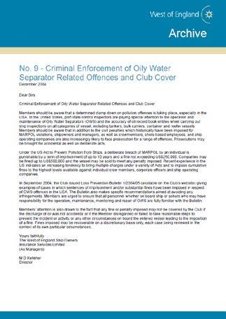 MARPOL Annex I Oily Bilge Water Club Cover Notice to Members No. 9 2004/2005 - Criminal Enforcement of Oily Water Separator Related Offences and Club Cover.