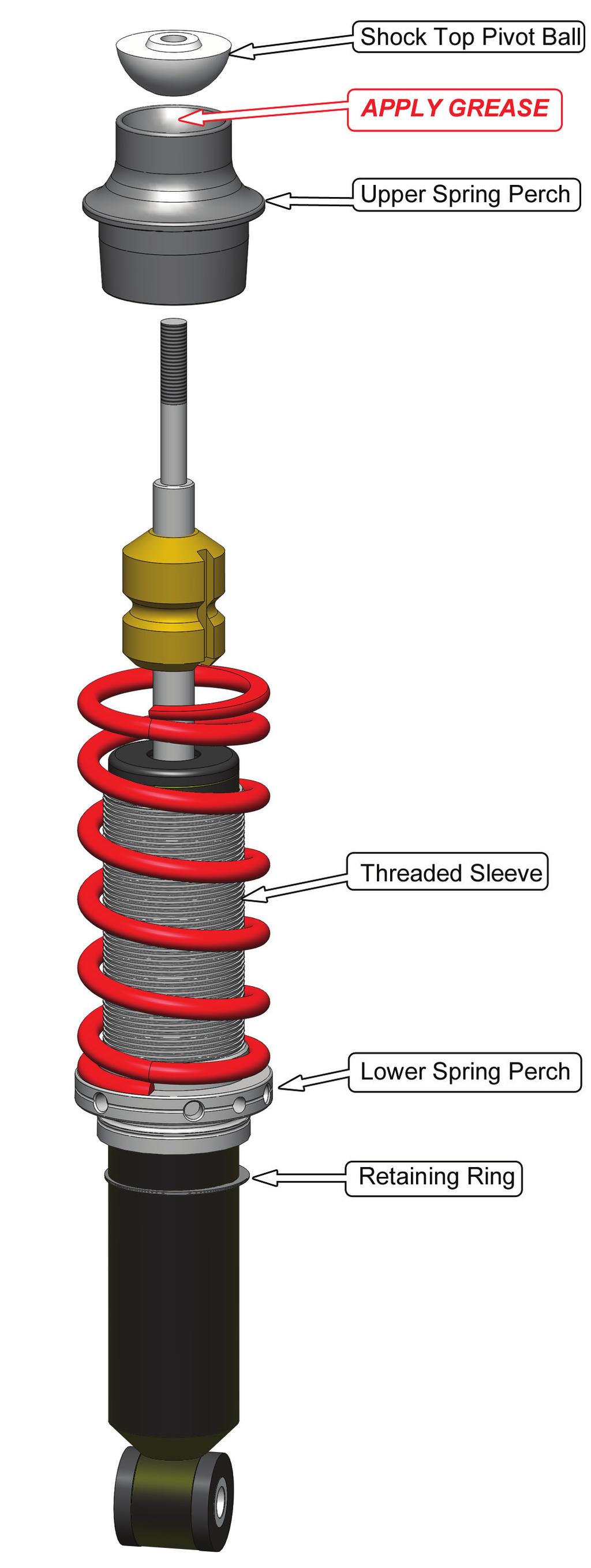 Shock Installation 24. Install the top of the shock assembly into the shock tower. 25. Identify the remaining components from the MMCO-22 Coil-over Kit and install them in the order shown below.