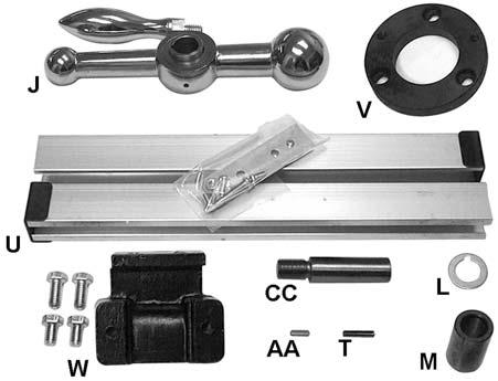 pin U T-way track pieces w/ fasteners V Connector base W Limit switch mounting bracket w/ screws X Spring Y