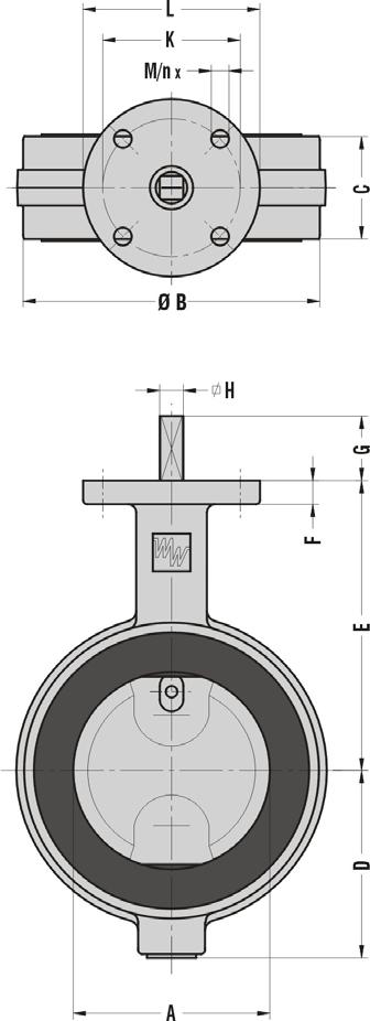 Valves Rubber Lined Centric EVFS AVK (WWE) BUTTERFLY VALVE DN 50 1400 (2" to 56") 75(EVS) DMENSIONS EVS 50350 (2"14") DN NPS A B C D E F G H ISO 5211 K L M n 50 2" 50 100 43 63 118 12 34 10 F07 70 9