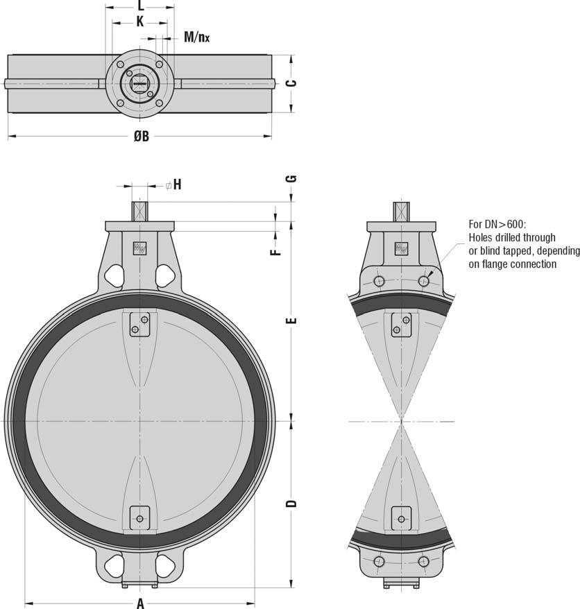 Valves Rubber Lined Centric EVFS AVK (WWE) BUTTERFLY VALVE DN 50 1400 (2" to 56") 75(EVS) DIMENSIONS EVS 4001000 (16"40") DN NPS A B C D E F G H ISO MASS K L M n 5211 ±kg 400 16" 386 470 102 308 363