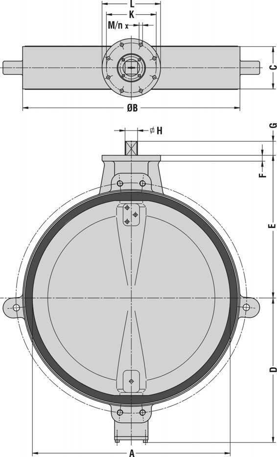 Valves Rubber Lined Centric EVFS AVK (WWE) BUTTERFLY VALVE DN 50 1400 (2" to 56") 75(EVS) DIMENSIONS EVS 12001400 (48"56") ISO MASS DN NPS A B C D E F G H K L M n 5211 ±kg 1200 48" 1186 1300 254 870