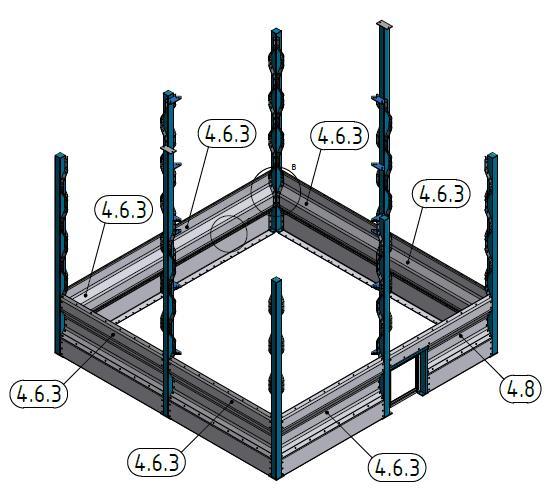 Now arrange the remaining three corner wall supports (Item 4.4), the second ridge wall support (Item 4.3) and the middle wall support with entry (Item 4.