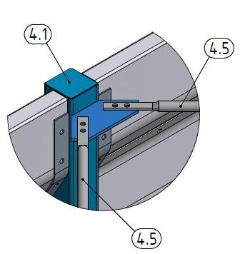 Now the diagonal tension rods (Item 4.5) are fixed respectively to the middle wall support (Item 4.1), the middle wall support with entry (Item 4.2) and the ridge wall support (Item 4.3).