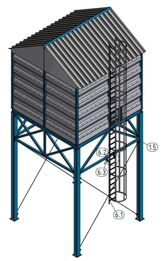 Drive the ladder with safety cage (Item 6.1) into the previously welded ladder holding bracket (Item 6.2). For your own safety, secure the ladder against tipping.