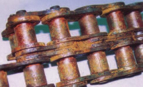 Renold Troubleshooter I 9 Figure 5 - Mode of Failure - Corrosion/Erosion 1.75 ANSi duplex chain used on a carrier drive in a sugar mill. Heavy corrosion of all the components in the chain.
