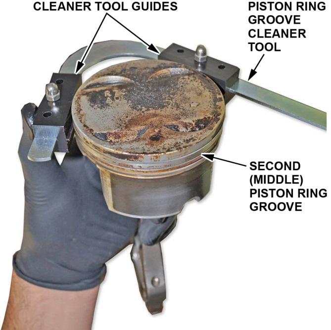 3. While holding the piston upright in your left hand, take the piston ring groove