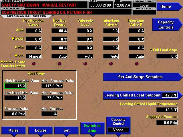 Auto / Manual Control Screen 3 Figure 16 - Auto / Manual Control Screen OVERVIEW This screen allows the manual control of the Pre- Rotation Vanes, Hot Gas Bypass Valve, Subcooler Valve, and
