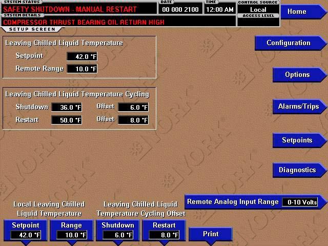 Setup Screen 3 Figure 22 - SETUP Screen OVERVIEW This screen provides a convenient location for programming the most common setpoints involved in the chiller control.