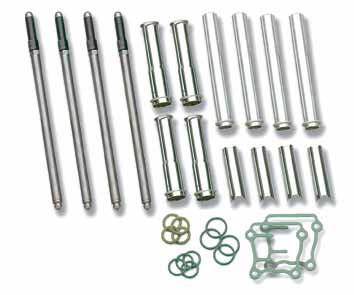 Twin Cam S&S Pushrod Cover Kits Includes top and bottom covers, cover cap, cover spring, and spring washer for four pushrods.