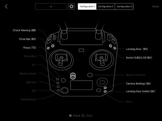 Configuring the Customizable Buttons Go to the Customizable Button Settings Menu in DJI GO 4. Here you can set functions for the left lever, right lever, C1-C4 buttons, and BA-BH buttons.