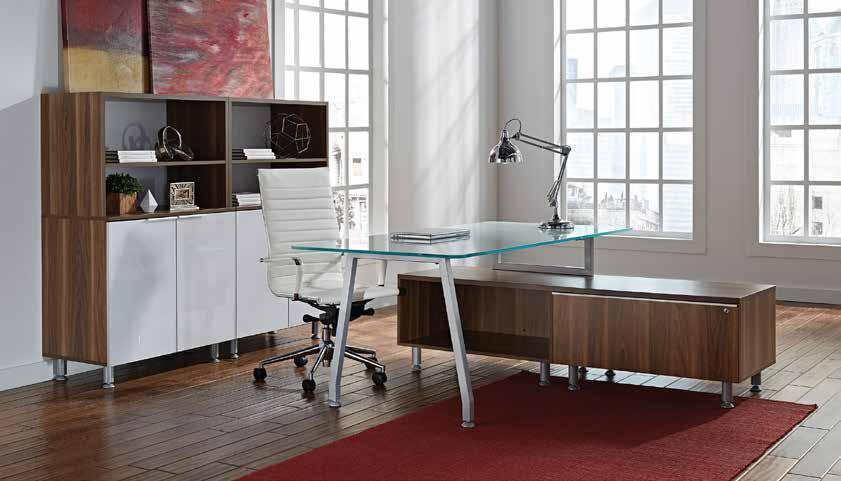Easily configurable for open or private office applications Desk tops available in white-backed glass, or two laminate finishes: Smoke and Bourbon