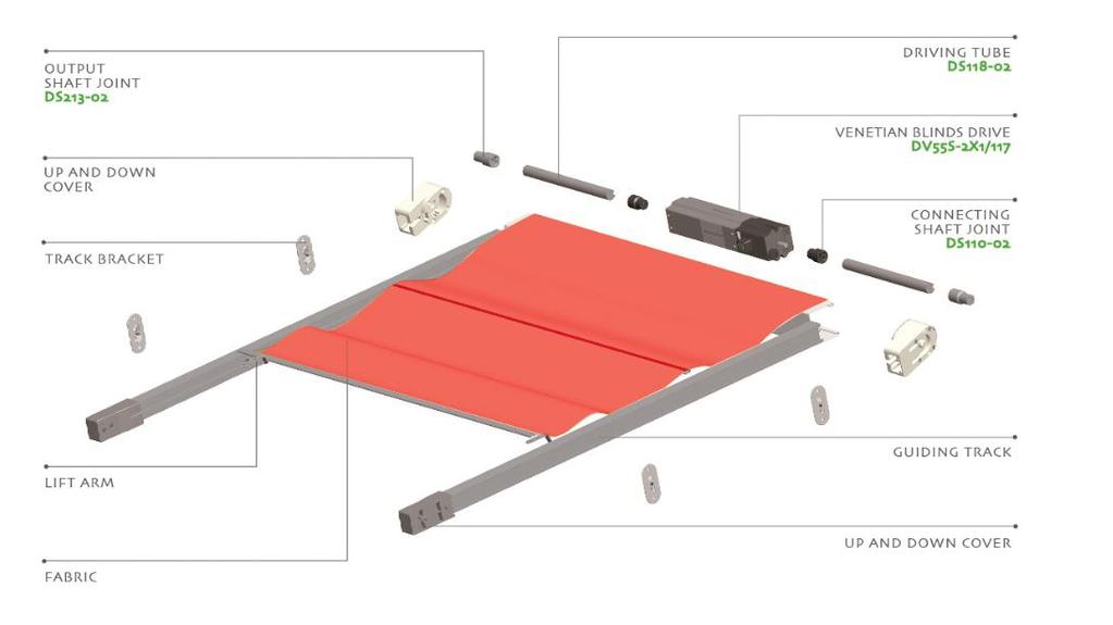 SOLUTION FOR MOTORIZED CEILING CURTAIN MOTORIZED CEILING CURTAIN SOLUTION1 OUTPUT SHAFT JOINT FDS213-02 UP AND DOWN COVER TRACK BRACKET DRIVING TUBE FDS118-02 VENETIAN BLINDS DRIVE FDV55S-2X1/117